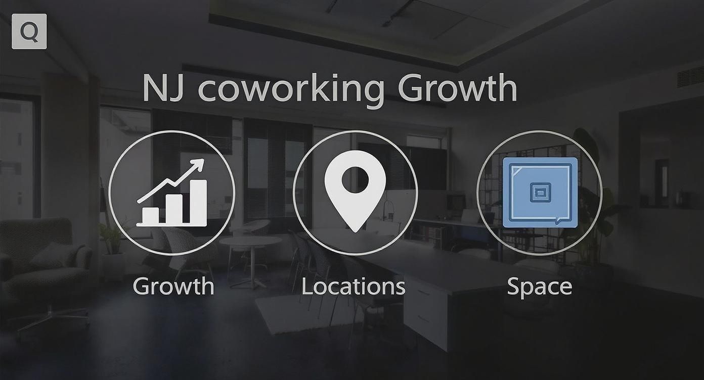 An image titled 'NJ coworking Growth' showing three icons for 'Growth', 'Locations', and 'Space' over a modern office background.