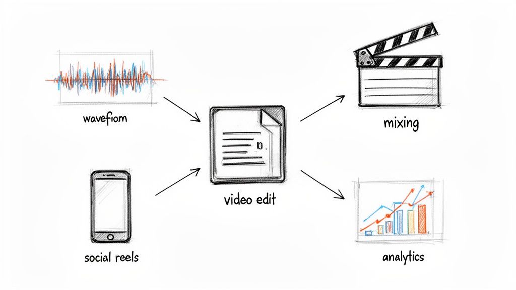Flowchart showing video editing inputs (audio, social reels) and outputs (mixing, analytics).
