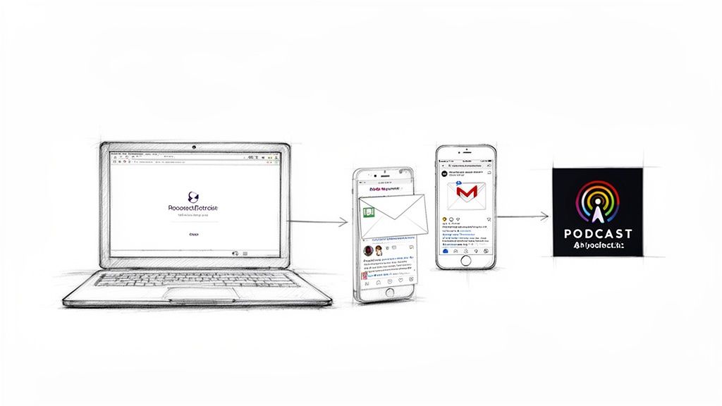 Digital content distribution diagram shows workflow from laptop to email on smartphones, ending with a podcast icon.