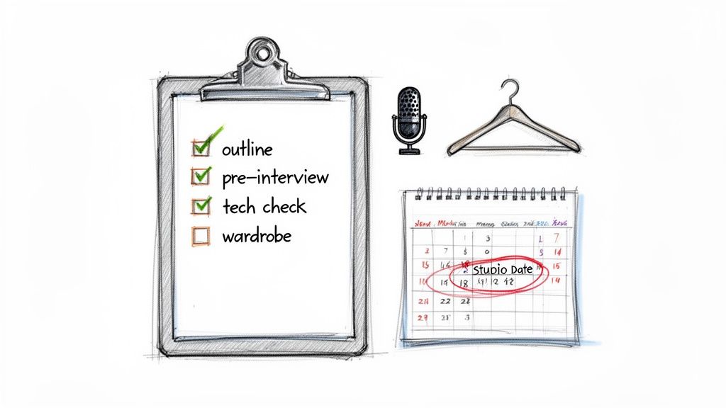 An illustrative sketch showing a checklist, microphone, hanger, and calendar for studio preparation.