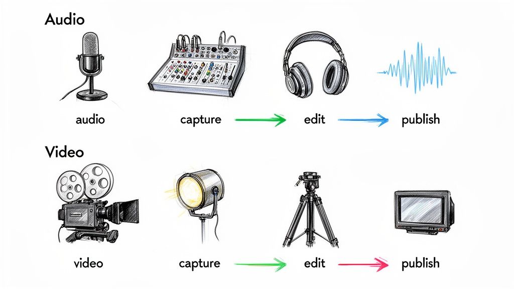 Diagram illustrating the audio and video production processes from capture and edit to publish.