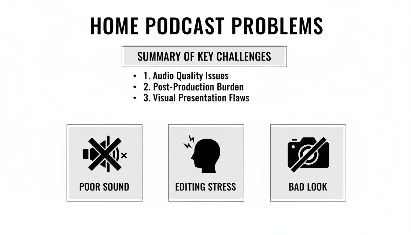 A graphic detailing common problems with home podcasting, including poor sound, editing stress, and bad visual presentation.