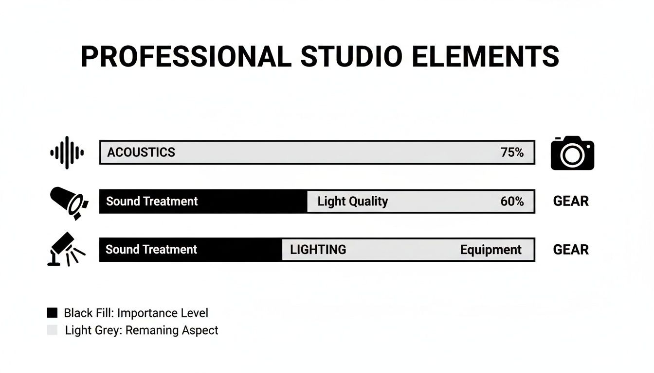 A diagram illustrating professional studio elements and their importance levels for acoustics, sound treatment, light quality, and lighting.