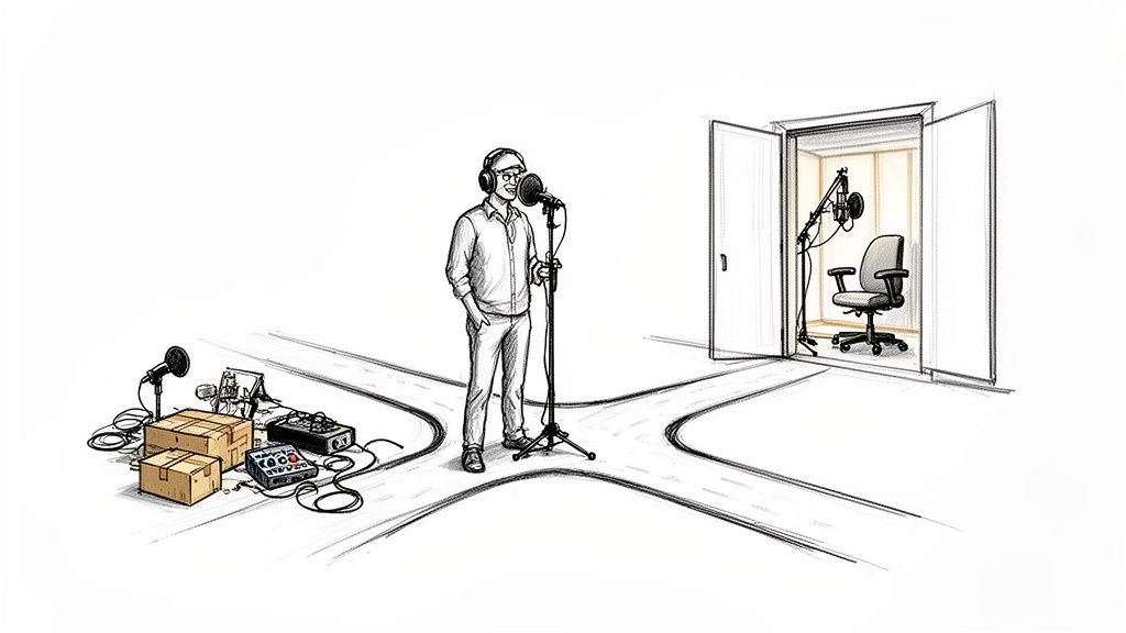 A person stands at a crossroads, choosing between makeshift podcast recording equipment and a professional sound booth.
