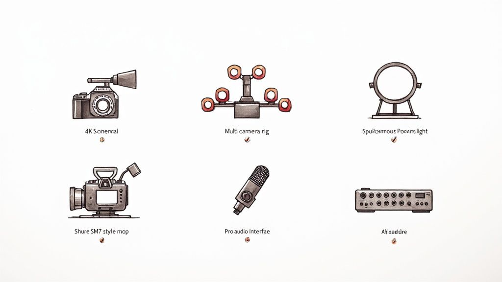 Six illustrations of various video and audio production studio equipment on a white background.