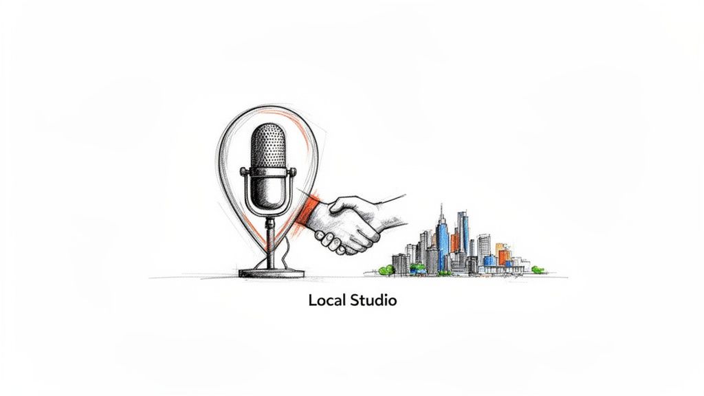 Hand-drawn illustration: microphone in location pin, handshake, city skyline, and 'Local Studio' text.