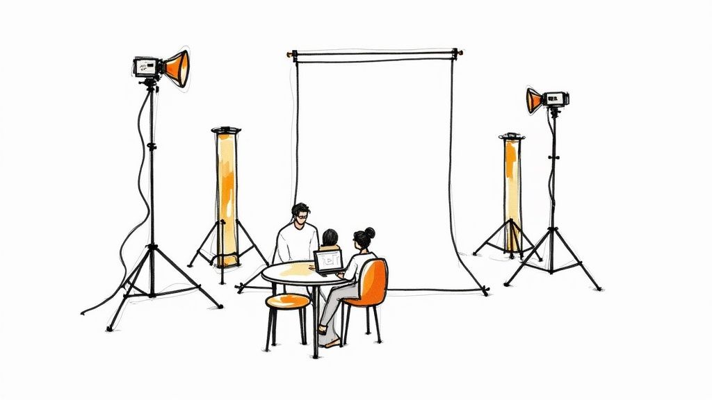 An illustration of an interview or photoshoot setup with two people, studio lights, and a white backdrop.