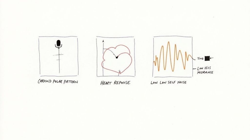 Three diagrams showing microphone characteristics: cardioid polar pattern, heart-shaped frequency response, and low self-noise waveform