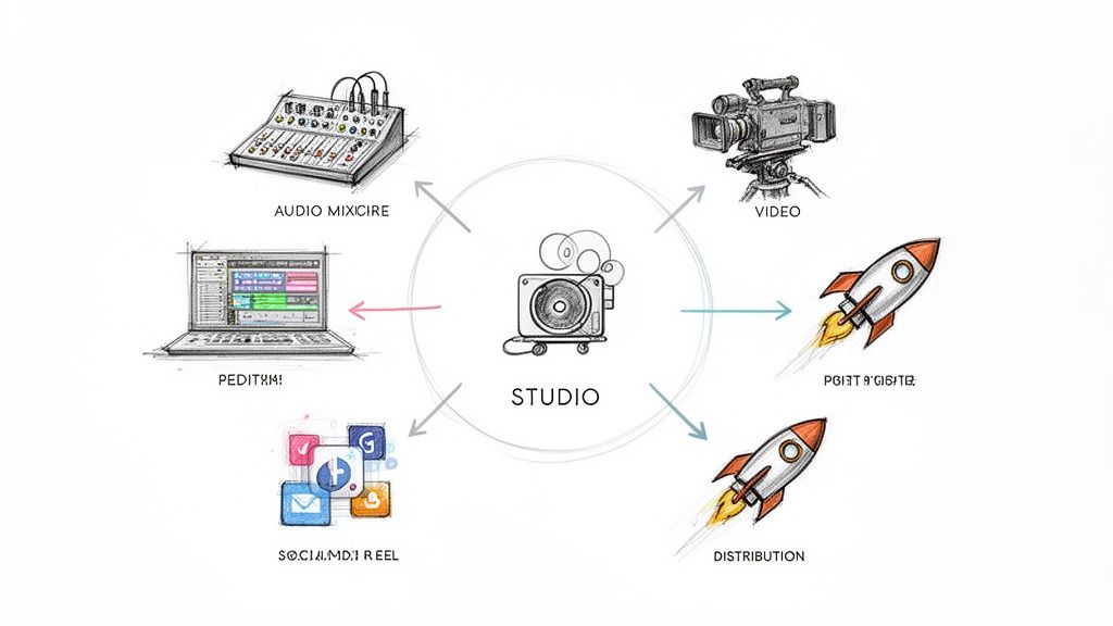 A visual diagram illustrating a studio's complete workflow from production to social media and distribution.