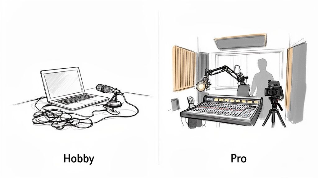 A hobby podcast setup with a laptop and microphone contrasted with a professional studio.
