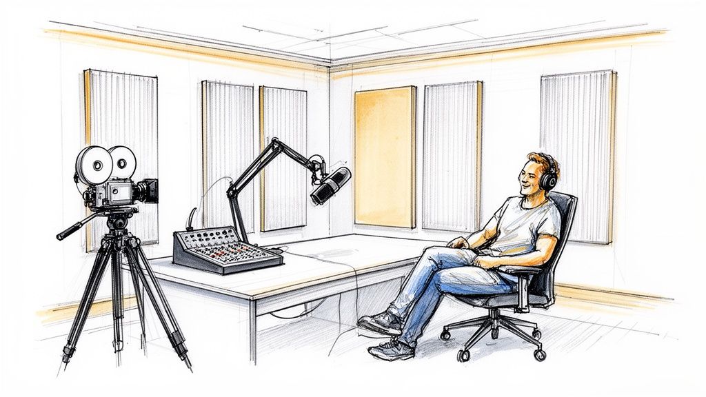 A sketch of a man in a podcast studio, wearing headphones, with a microphone, mixing board, and an old camera.