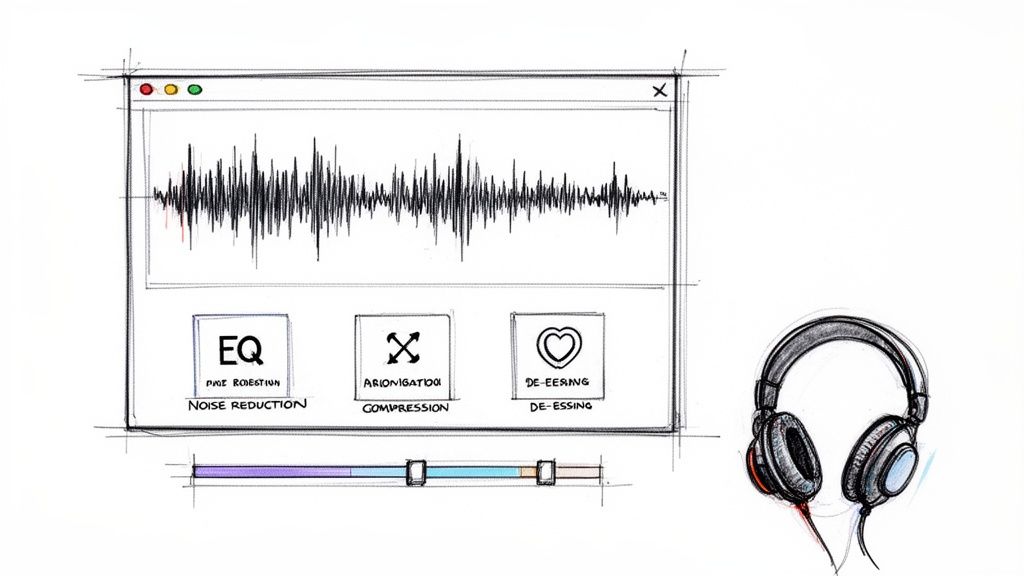 Hand-drawn sketch illustrating audio editing software with a waveform, sound effects, and headphones.