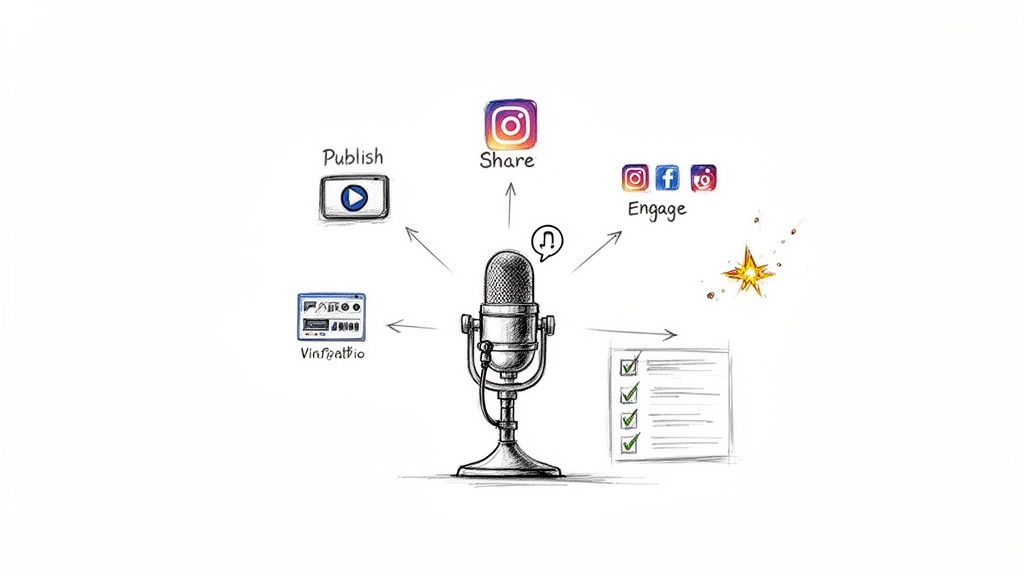 Diagram illustrating podcast marketing steps: publish, share on social media platforms, engage audiences, and manage tasks.