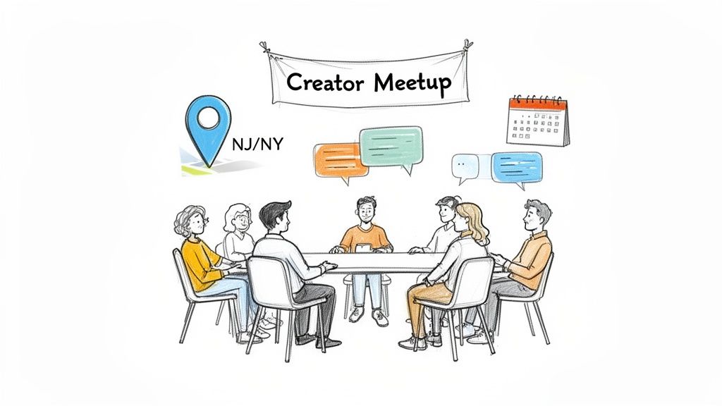 Illustration of a creator meetup with people discussing around a table, location pin for NJ/NY.