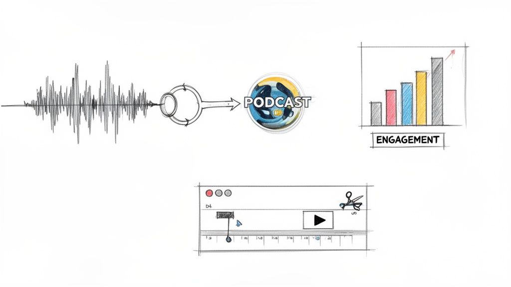 Sketches illustrate the podcast creation process from audio waveform to increased engagement and video editing.