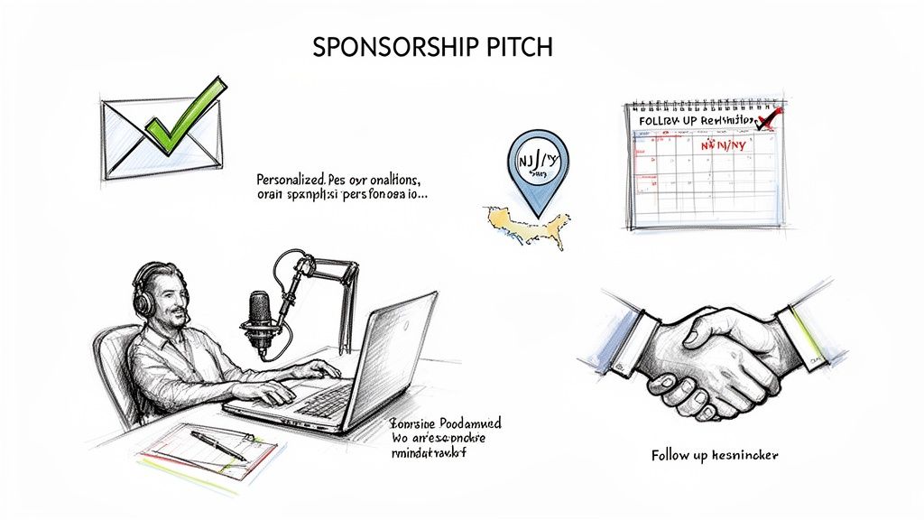 Hand-drawn illustrations outline a podcast sponsorship pitch, featuring a podcaster, calendar, and handshake.