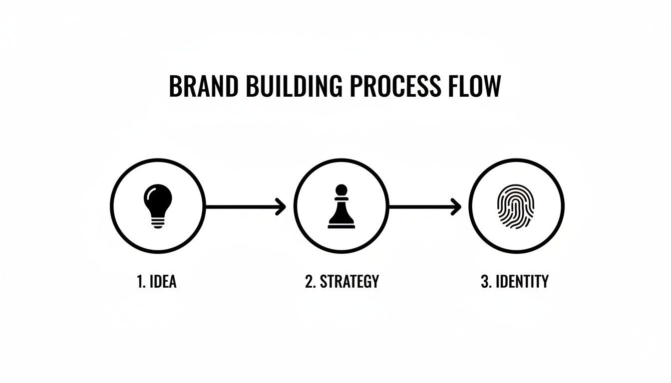 A brand building process flow visual with three steps: 1. Idea (lightbulb), 2. Strategy (chess pawn), 3. Identity (fingerprint).