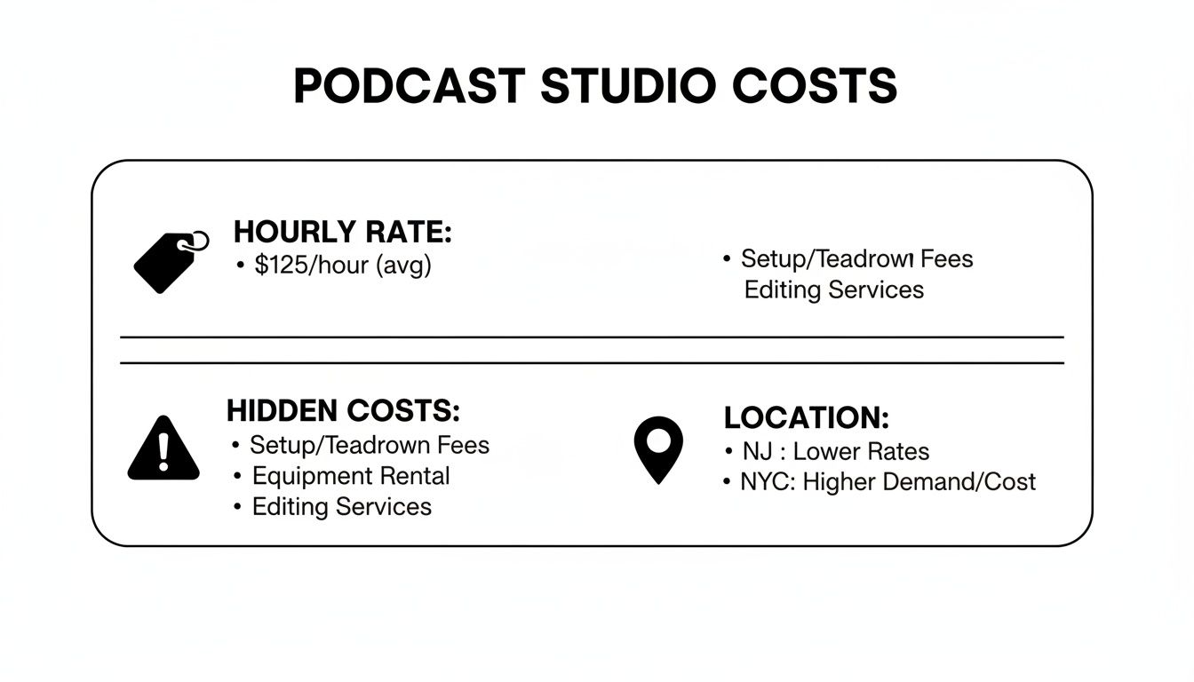 Infographic detailing podcast studio costs, including hourly rates, hidden fees, and location-based pricing.