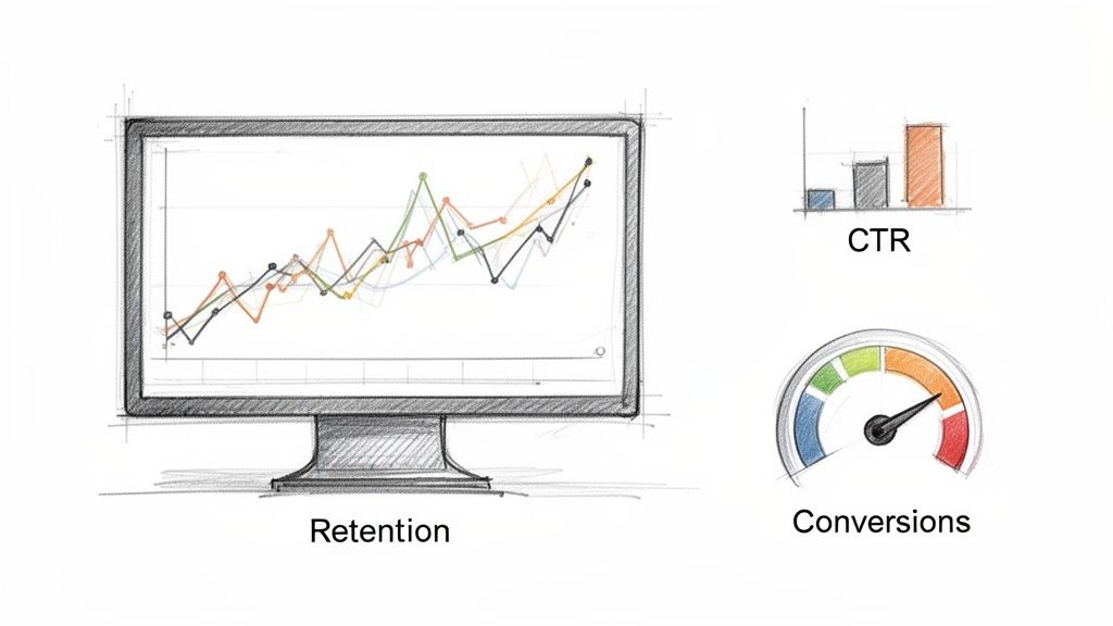 Sketch illustration of a monitor showing line graphs for retention, a bar chart for CTR, and a gauge for conversions.