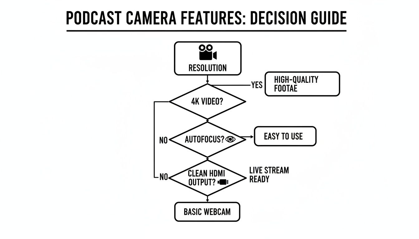 A flowchart guiding the selection of podcast camera features based on resolution, autofocus, and HDMI output.