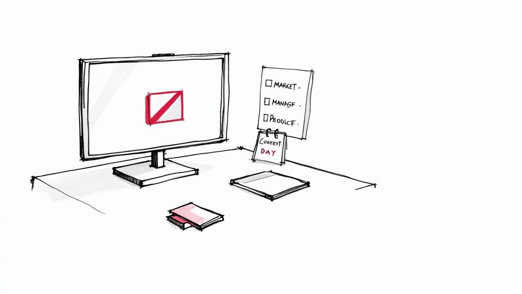 Desktop workspace with computer monitor displaying video editing interface and content planning checklist board