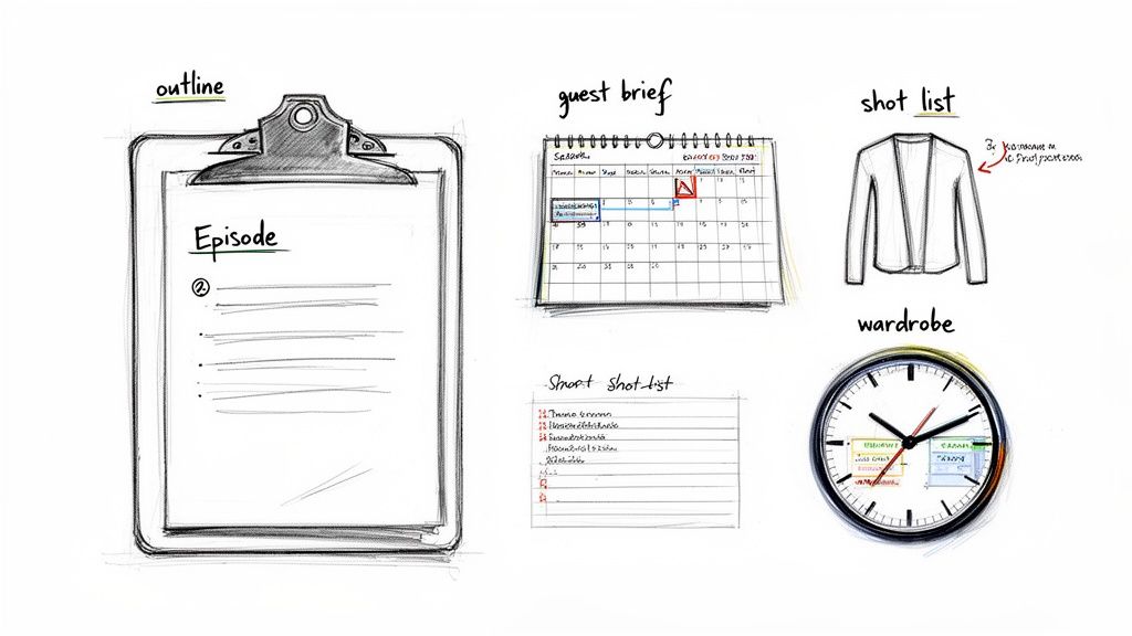 Hand-drawn sketches illustrating various production planning tools: episode outline, guest brief calendar, shot list, and wardrobe clock.