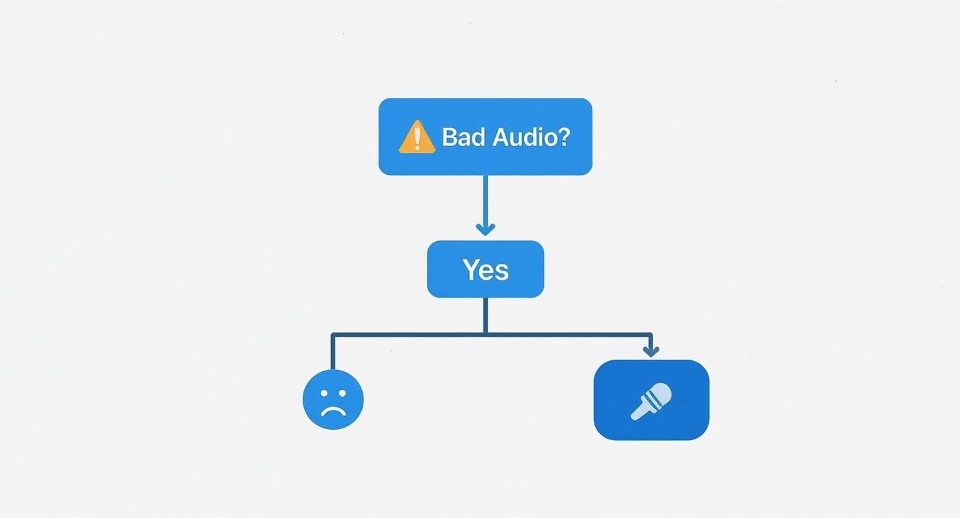 Flowchart diagram showing troubleshooting steps for bad audio with microphone and sad face icons