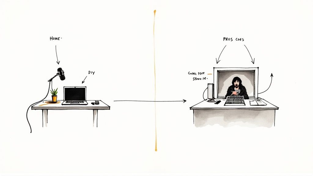 Illustration comparing a DIY home podcasting setup with a basic microphone and laptop to a professional studio setup.