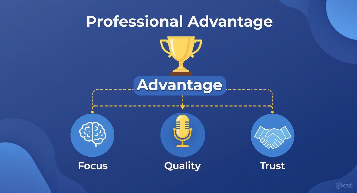 Infographic showing Professional Advantage built on Focus (brain), Quality (microphone), and Trust (handshake).