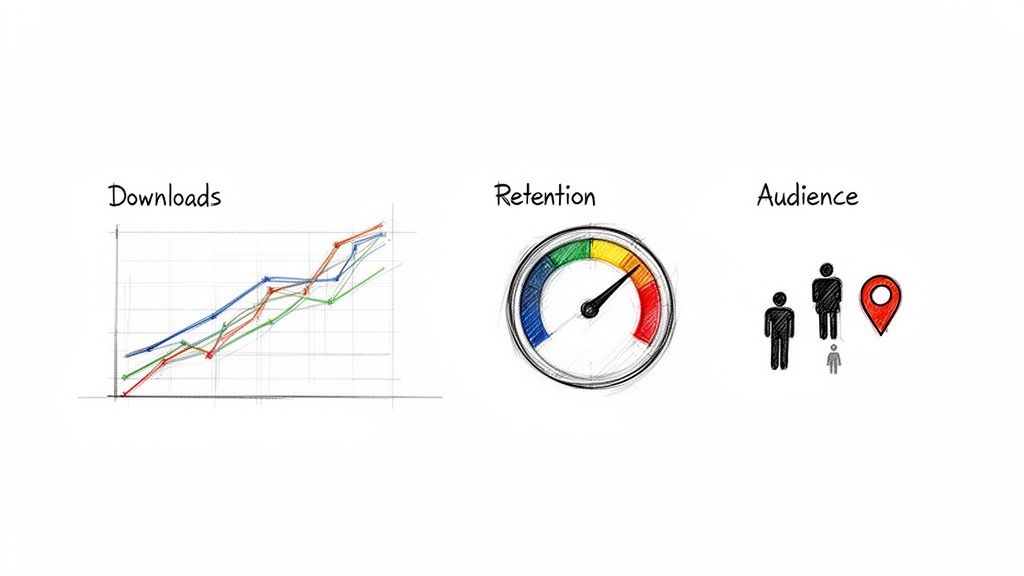 Hand-drawn icons illustrating podcast analytics: downloads graph, retention gauge, and audience demographics.
