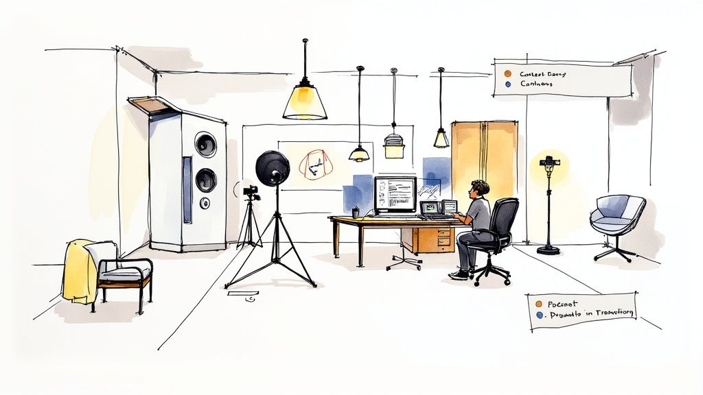 An illustration of a modern recording studio workspace with a person working at a computer.
