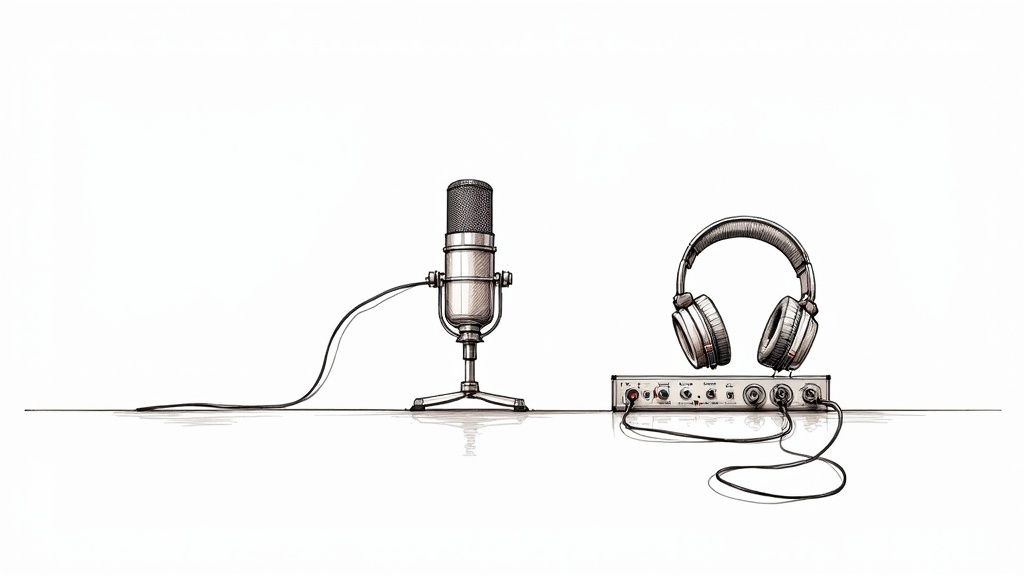Minimalist sketch of podcast recording equipment: a microphone, headphones, and an audio interface.