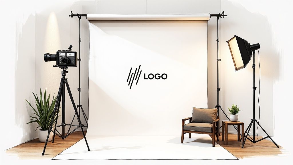 Professional photography studio setup with camera, lighting equipment, backdrop, and modern furniture arrangement
