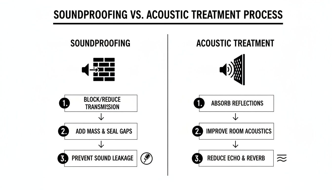 Infographic comparing soundproofing (blocking noise) and acoustic treatment (improving room sound quality).