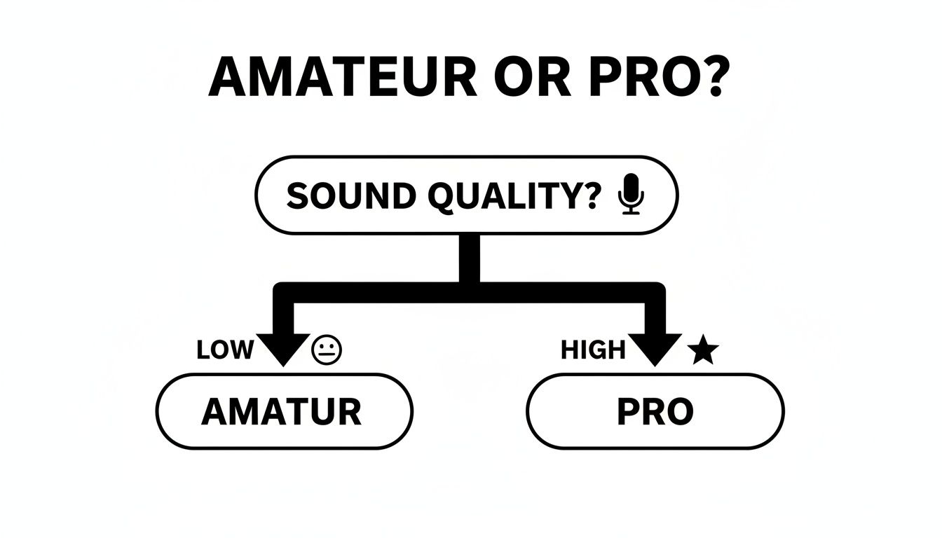 A flowchart asking "AMATEUR OR PRO?". Low sound quality (sad face) leads to "AMATUR", high quality (star) to "PRO".