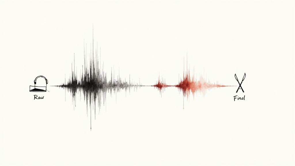 A graphic of an audio waveform transforming from a dense raw recording to a refined red final cut.