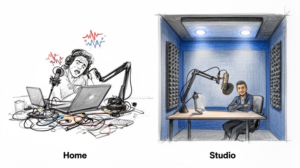 Visual comparison of a stressed person podcasting at a messy home setup versus a calm host in a professional studio booth.