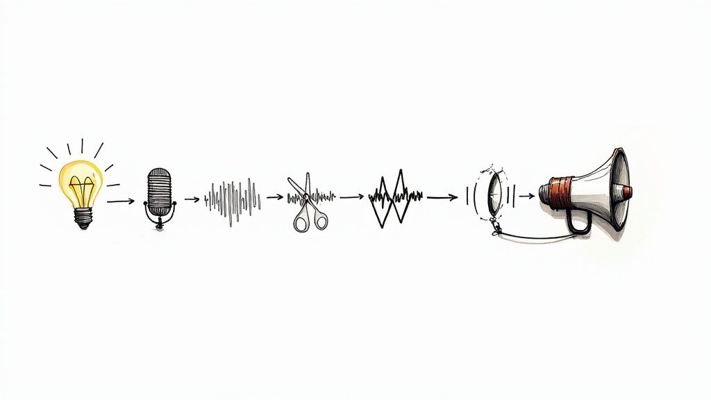 Podcast production workflow diagram showing steps from idea to recording editing and broadcasting