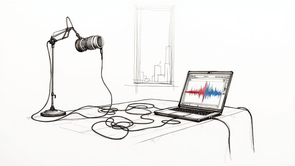 Professional podcast recording setup with microphone on boom arm and laptop displaying audio waveforms