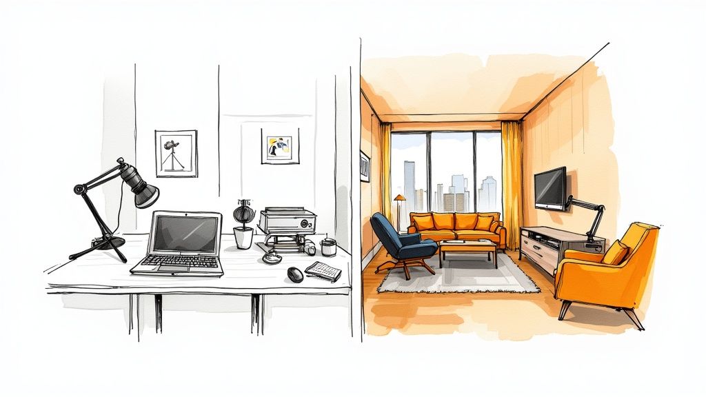 A detailed sketch showing a black and white home office workspace and a colorful, modern living room.