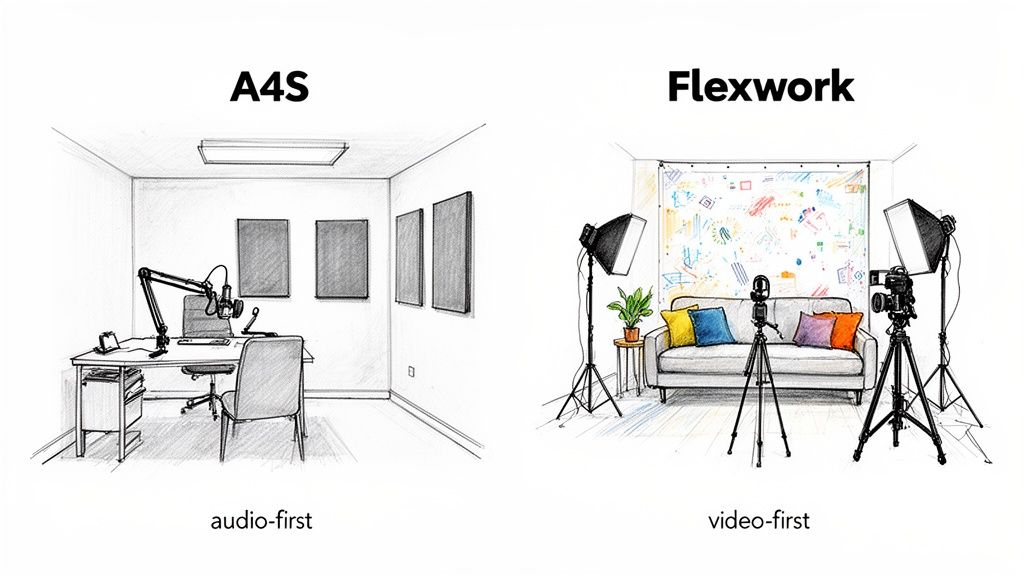 Two professional studio setups: A4S audio-first podcast room and Flexwork video-first production space.
