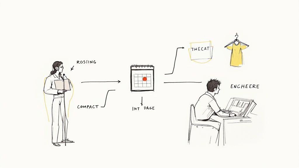 A workflow diagram featuring a speaker, a calendar with a marked date, and an engineer at a control panel.