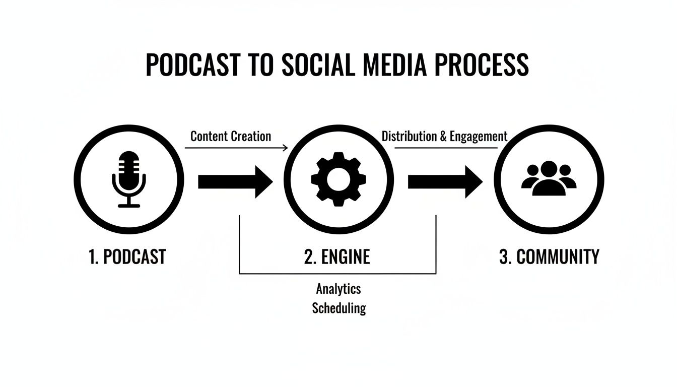 Process diagram showing how podcasts lead to social media community through content creation, distribution, analytics, and scheduling.