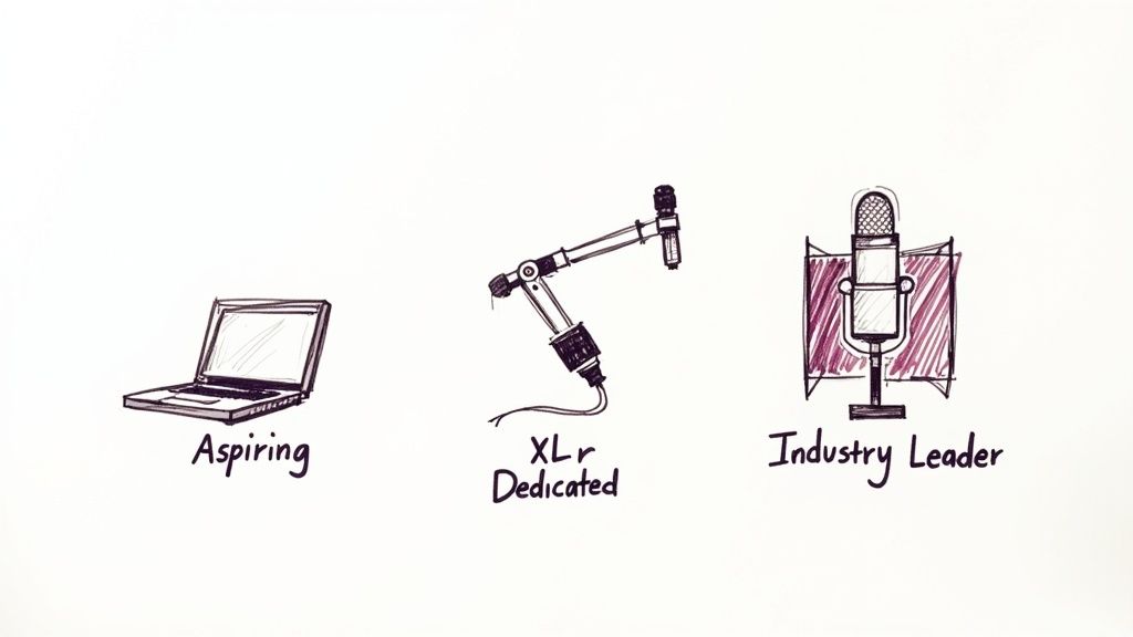 Three hand-drawn illustrations showing different podcast recording setups: laptop, boom arm, and studio microphone.