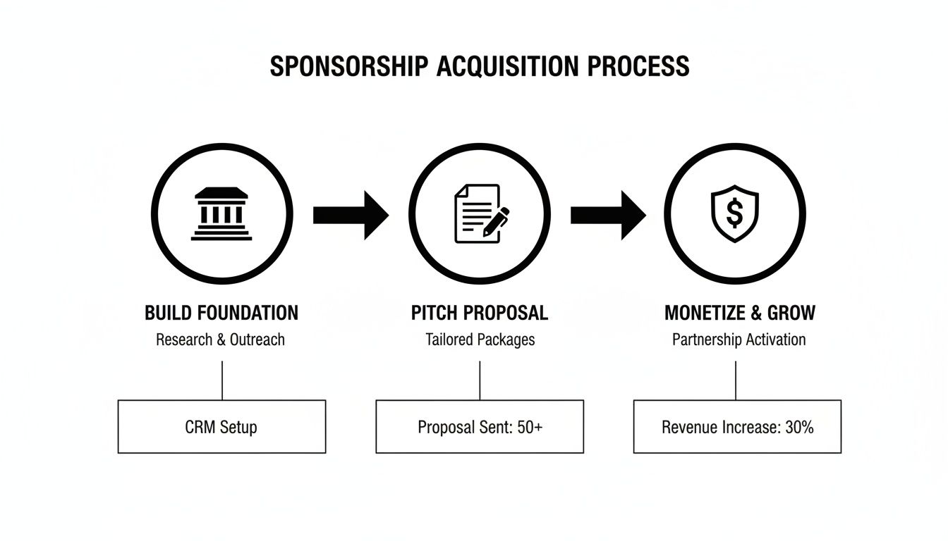 A three-step sponsorship acquisition process flowchart showing building foundation, pitching proposals, and monetizing growth with key metrics.