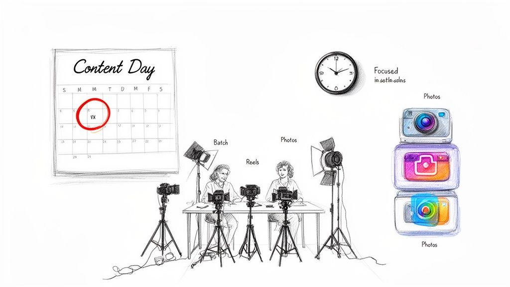 Illustration of a content production day with two women creating videos and photos in a studio setup.