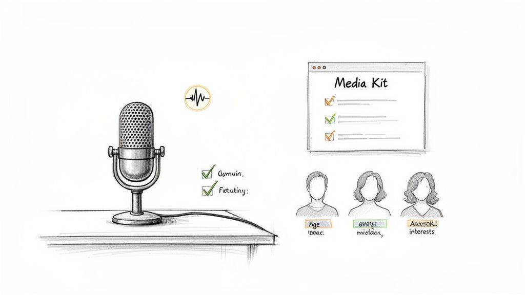 Illustration of a podcast microphone, a media kit checklist, and audience demographic profiles.