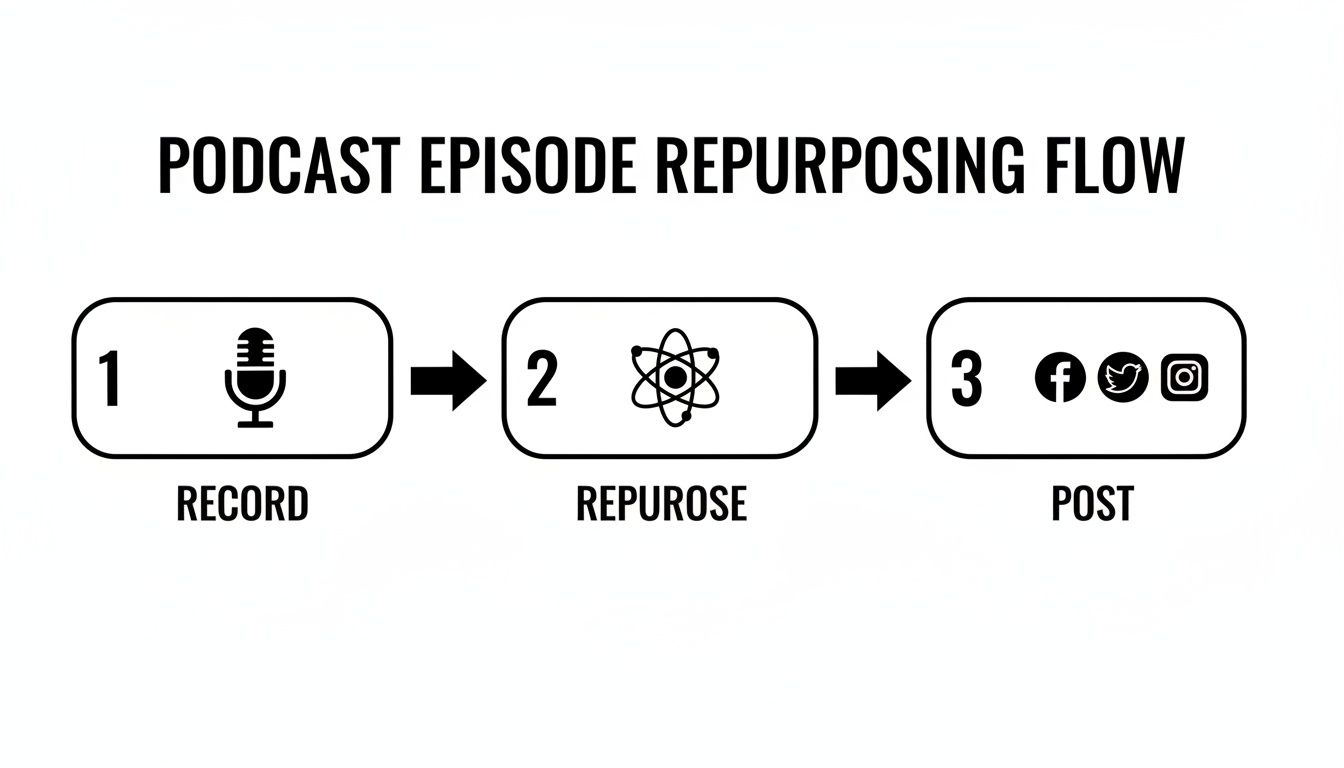 A 3-step podcast repurposing workflow diagram: record, repurpose content, and post to social media.