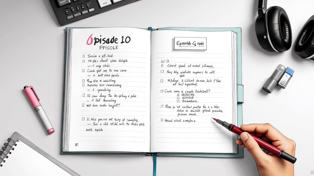 Overhead shot of a person writing notes in a planner with pens, keyboard, and headphones.