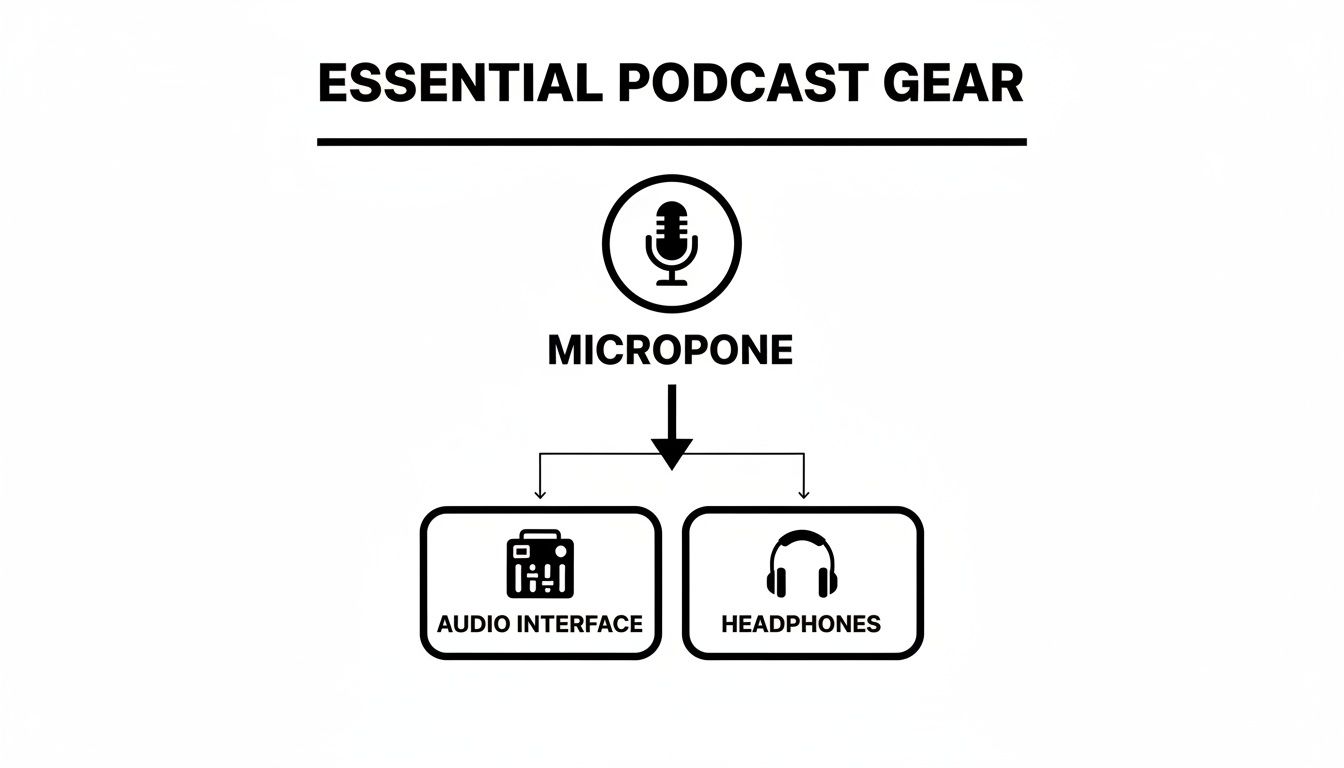 Flowchart displaying essential podcast equipment including a microphone, audio interface, and headphones.